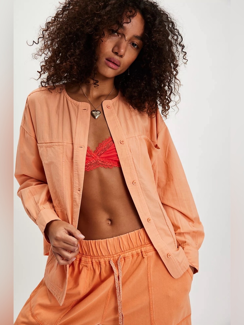 Free People Golden Hour House Shirt Peach Button Down Blouse Women Size M